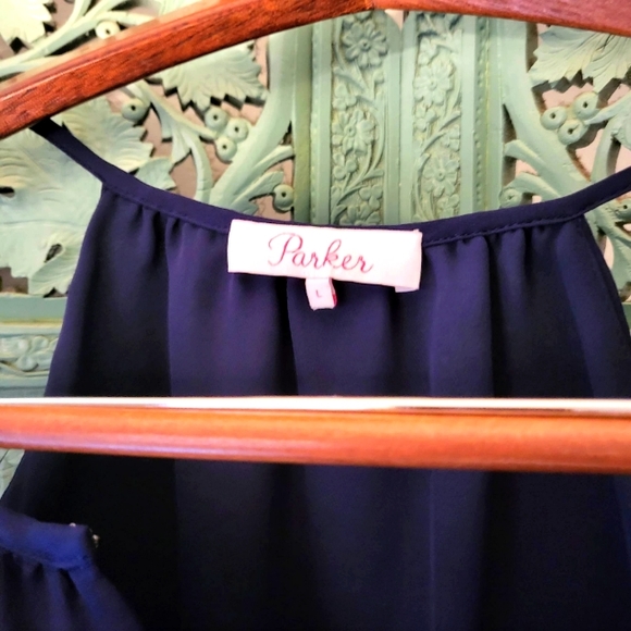 Parker | Silk Women's Cold Shoulder Ruffle 3/4 Sleeve Blouse | Navy Blue | Large - Picture 4 of 12